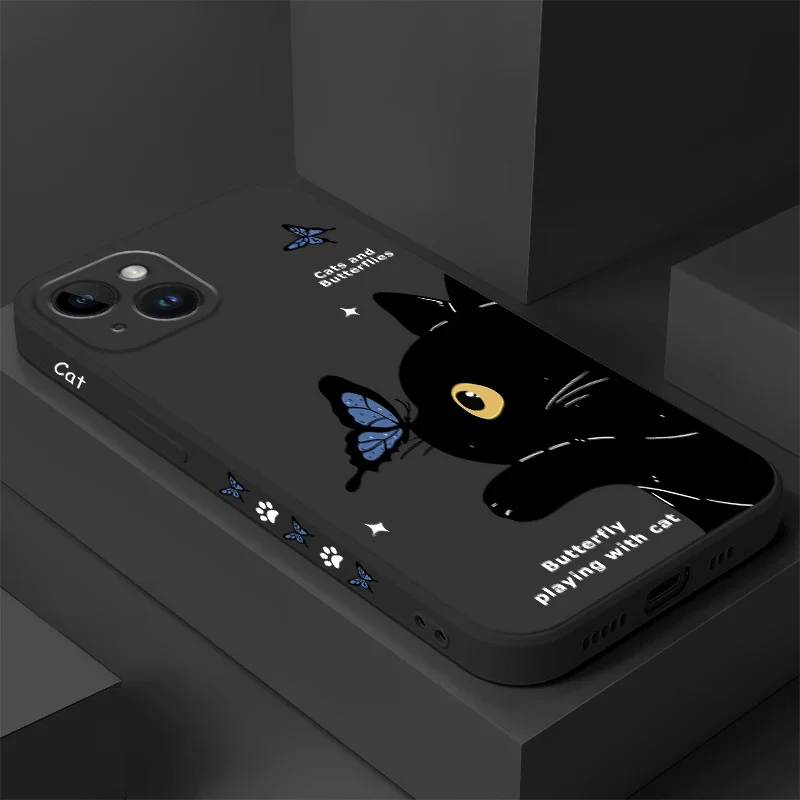 Cat Butterfly Phone Case For iPhone 16 15 14 13 12 11 X XR XS Plus Pro Max Mini Silicone Cover