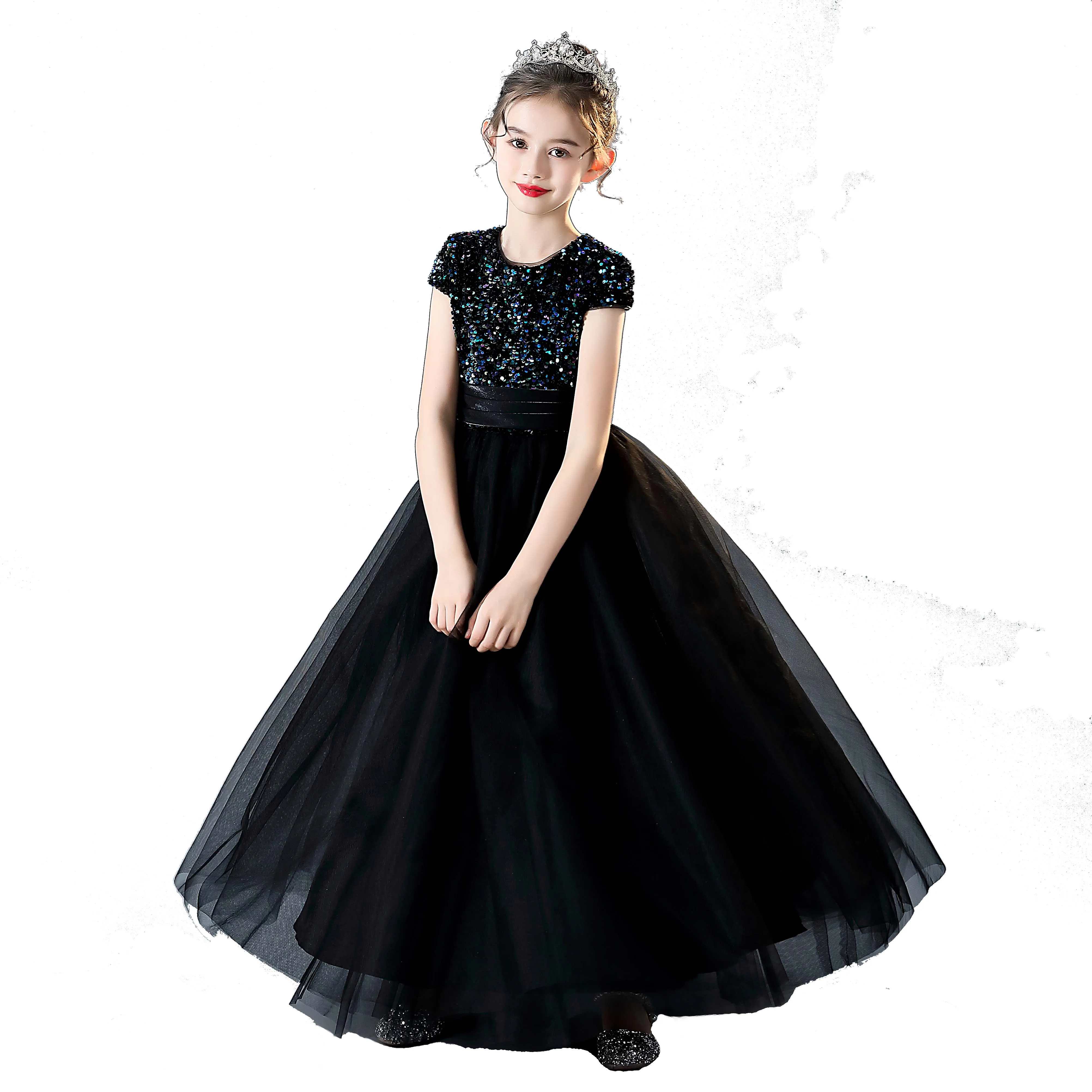 YZYmanualroom Glitter Sequins Short Sleeves Flower Girls Dresses For Wedding Tulle Birthday Party Christmas Dress For Girl