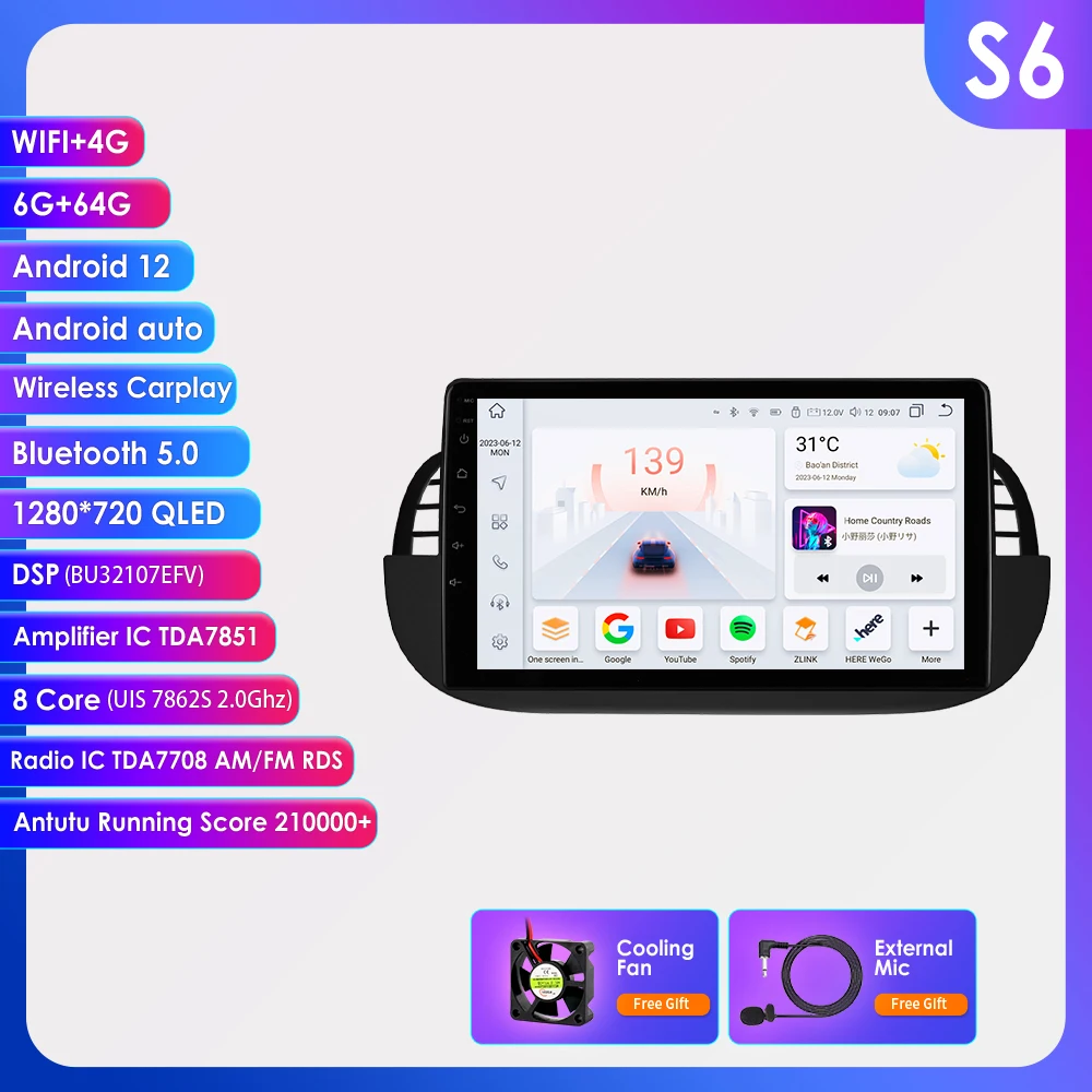 Hizpo 9 Inch Autoradio Stereo voor FIAT 500 2007-2014 GPS 2din Autoradio Draadloze CarPlay Android 13 Auto navigatie Head Unit