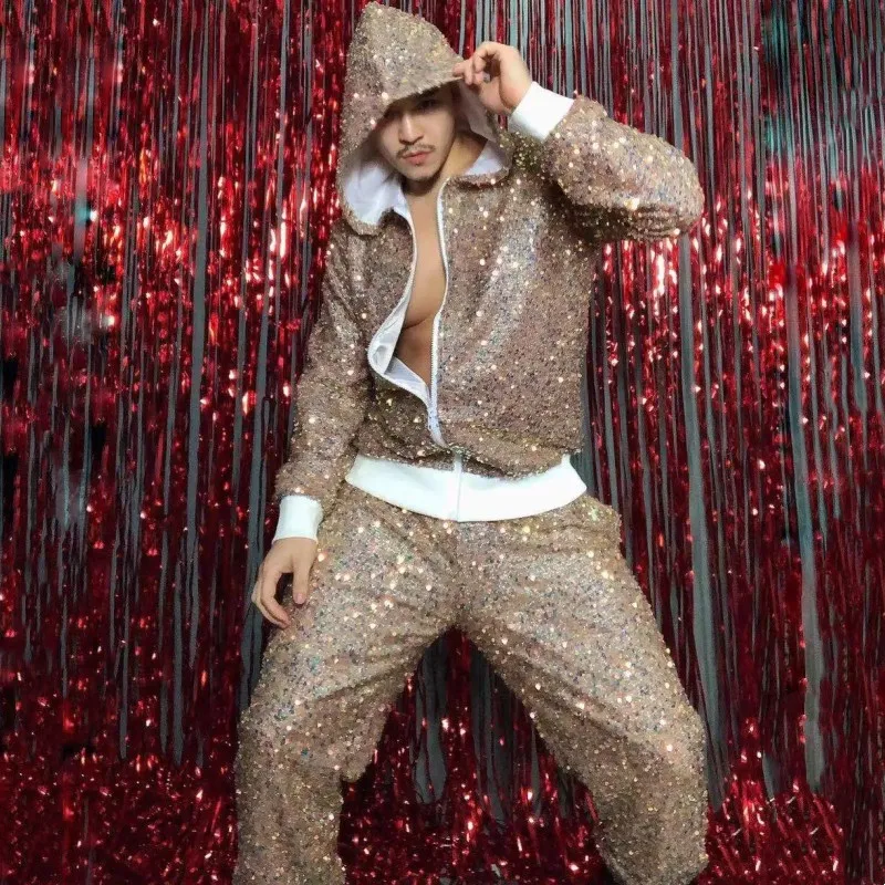 Glanzende Pailletten Jas Broek Mannelijke Jazzdans Hip Hop Set Zanger Nachtbar Concert Stadium Slijtage Street Dance Prestaties Kostuum