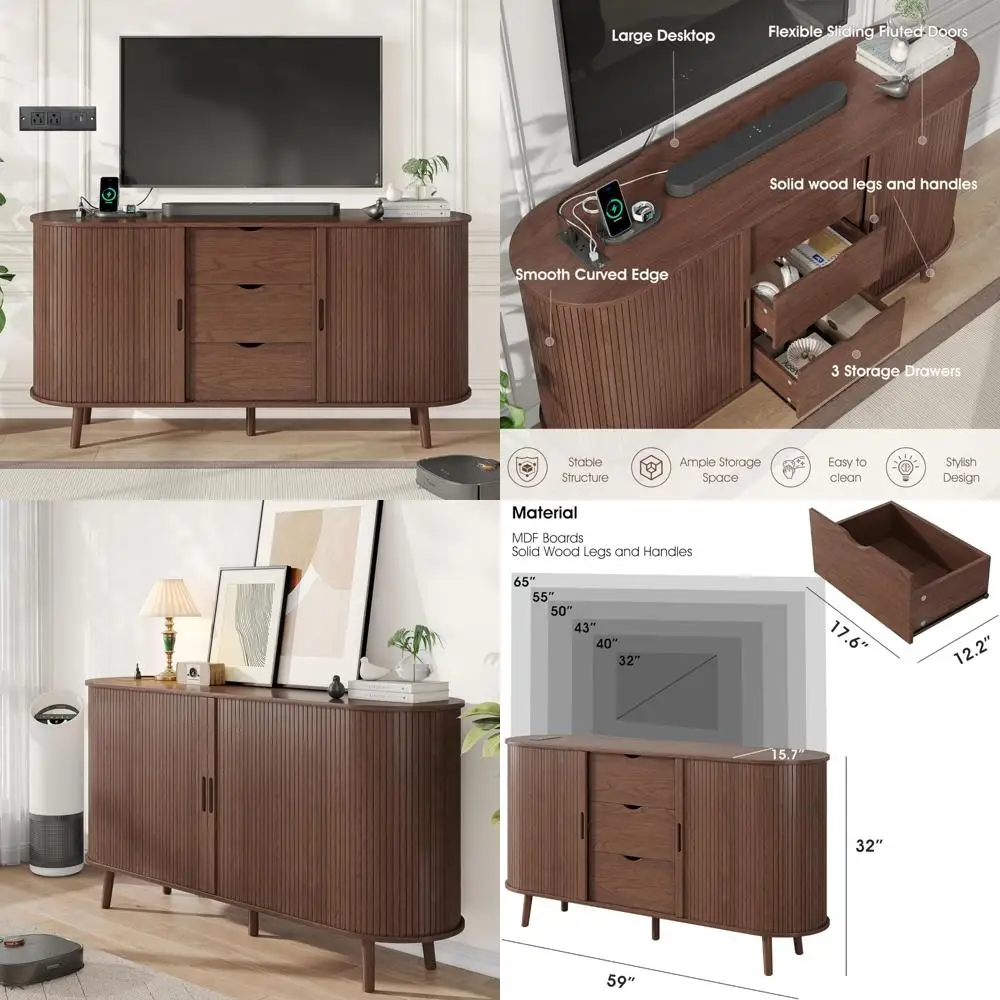 Mid Century Modern 59 TV Stand with Charging Station, Tall Farmhouse Style Curved Edge Media Console Table with Drawer