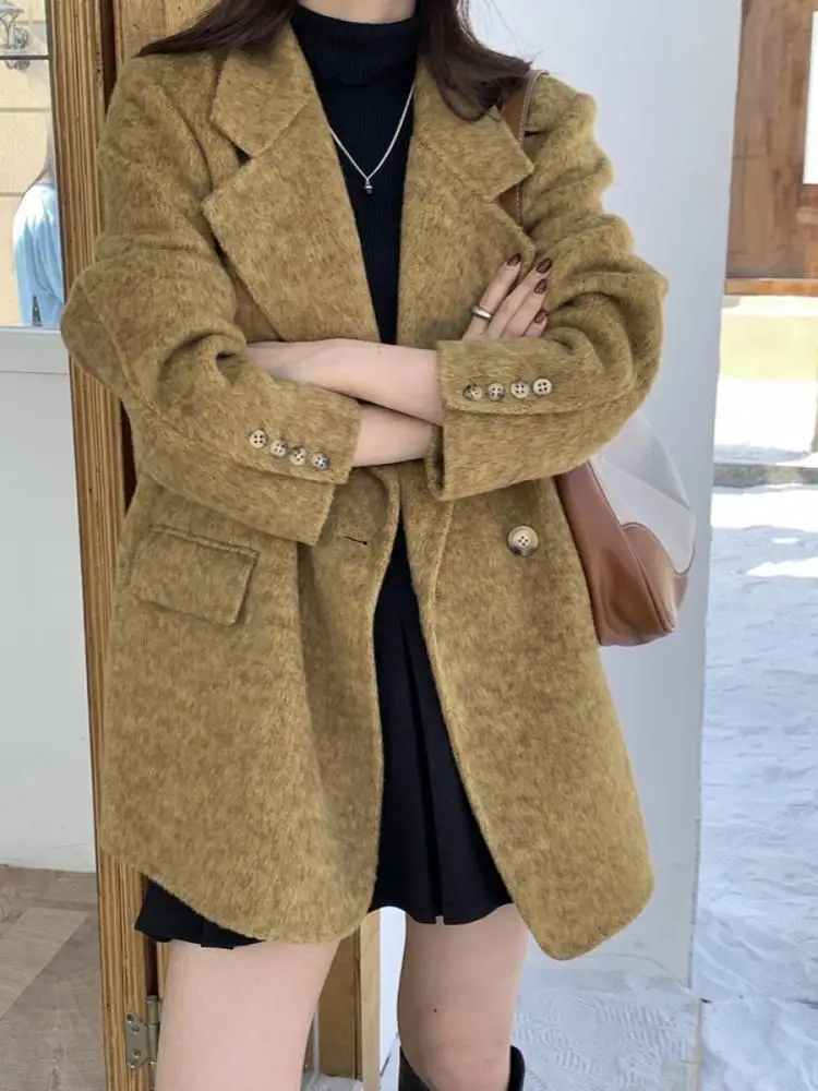 

Quicksand Gold Office Lady Short Alpaca Woolen Jackets 2024 Autumn And Winter Suit Collar Elegant Loose Women's Wool Coats