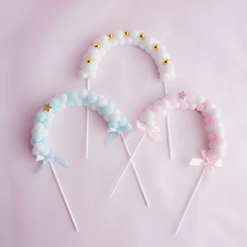Colorful Archway Cake Topper Flags Fuzzy Ball Birthday Wedding Cupcake Toppers Party Baby Shower Cake Decor DIY