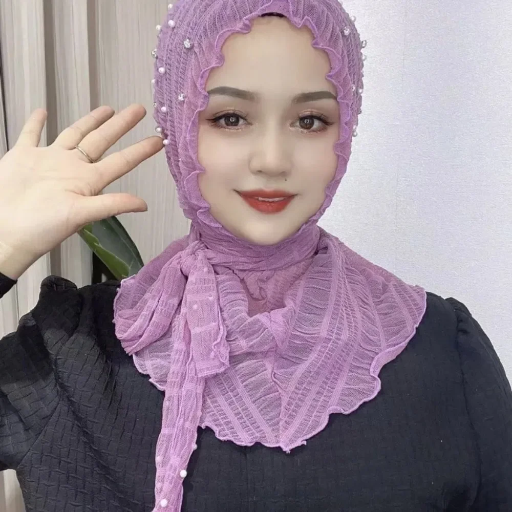 Muslim Solid Color Beaded Arab Hijab Malaysia Women Pearl Soft and Easy to Wear Hijab Turkish Head Wrap Scarf