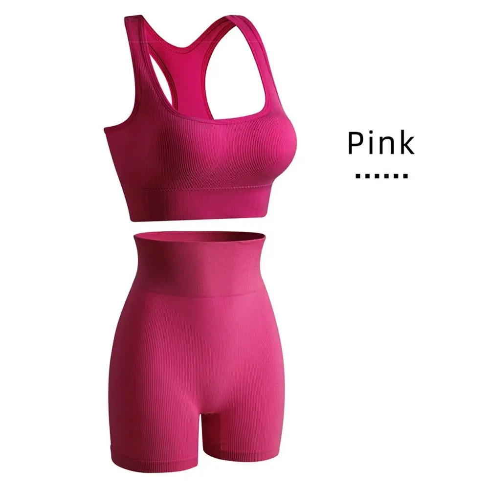 

2 Pieces Seamless Workout Outfits High Waist Short Sport Bra Yoga Tank Sets Sleeveless Round Neck Activewear Set Biker