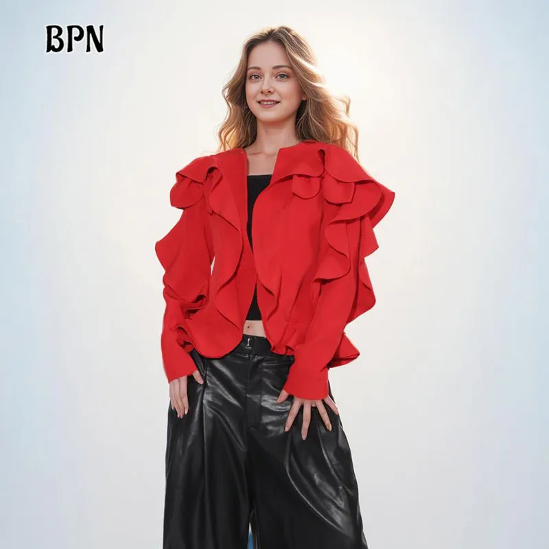 

BPN Fashion Patchwork Ruffle Jackets For Women Round Neck Long Sleeve Solid Loose Vintage Temperament Coats Female Clothing New