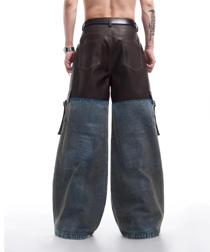 Men's High Street Loose Fit Destroyed Jeans Pants With Leather Patchwork Fashion Patchwed Ripped Denim Trousers Y2K Style