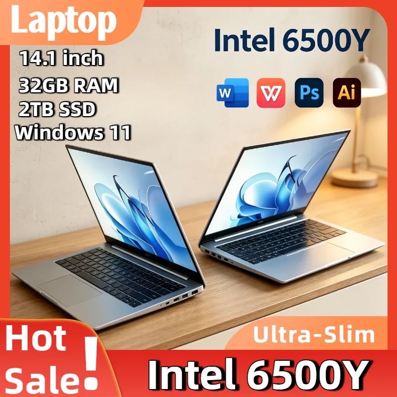 Portátil Ultraligero Intel Pentium Gold 6500Y de 14.1 Pulgadas, 3.4GHz Turbo, 32GB RAM, 2TB PCIe SSD, 5000mAh, Windows 11, Retroiluminación, Huella Dactilar