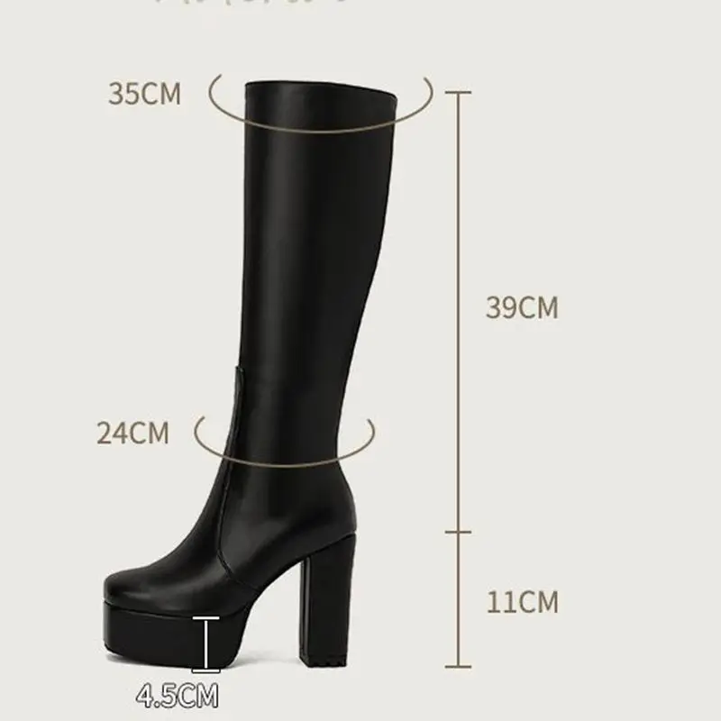 ORCHALISA Glam Ladies Knee High Footwear Square Toe Chunky Heel 11cm Raised Base Zipper Extended Sizes 42 43 Dating Shoes