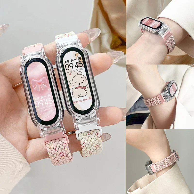 Korean Nylon Braided Strap for Xiaomi Mi Band 9 8 Correa Women Sport Breathable Solo Loop Bracelet for Mi Band 7 6 5 4 with Case