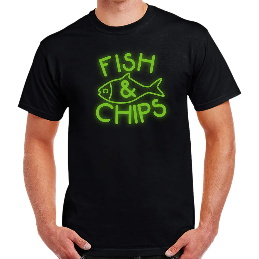 Fish & Chips and Neon Glow Sign T-shirt chippy tea fish supper  Tees Cotton Luxury brand vintage oversized