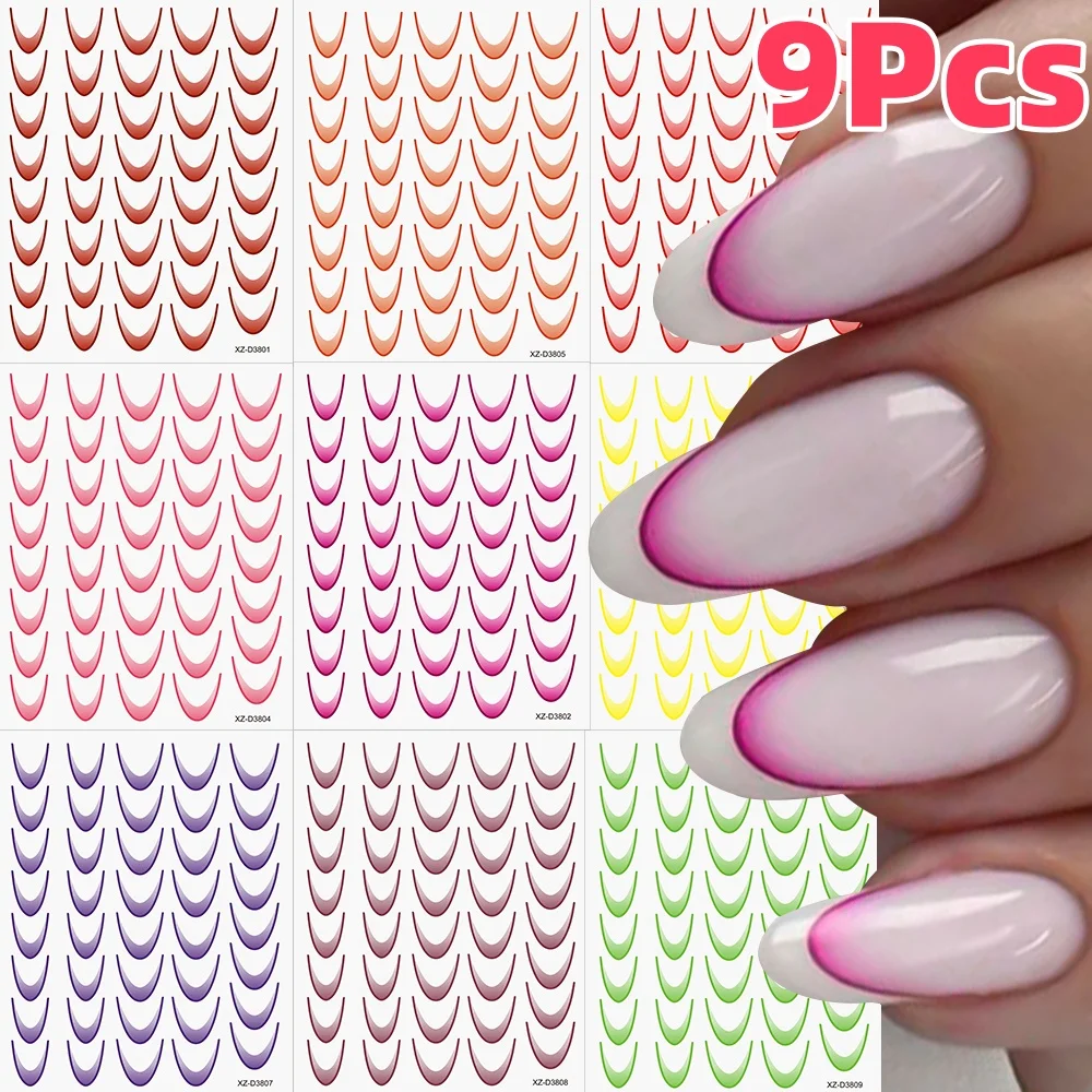 9Pcs Gradient French Lines Nail Stickers Set Blooming Stripe/Wave Line Self-Adhesive Nail Decals DIY Ombre Manicure Decorations