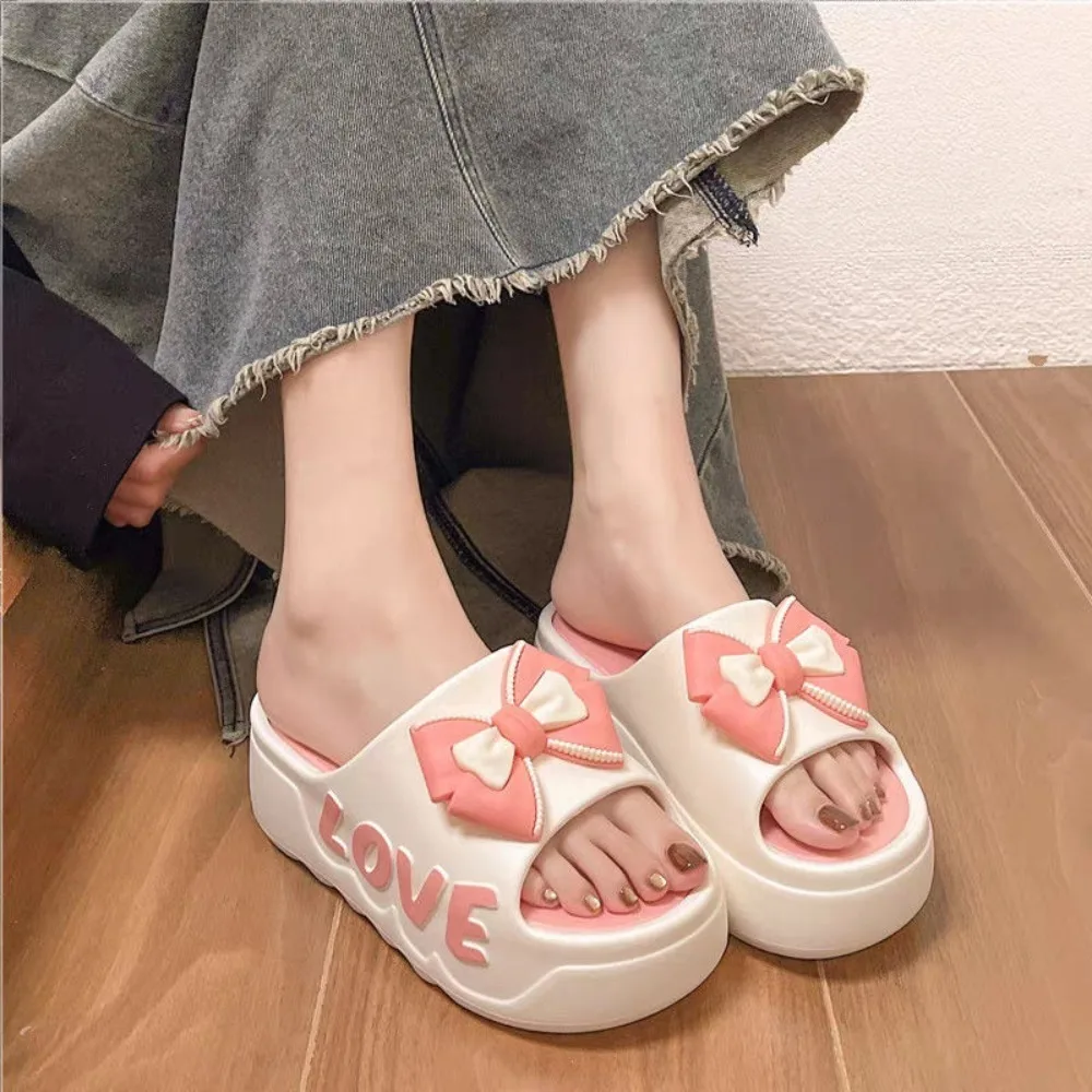 

Summer Season 6.5cm Bow-knot Platform Slippers Flat Non-Slip Leisure Women's Slippers Comfort Flip Flops Outdoor Beach