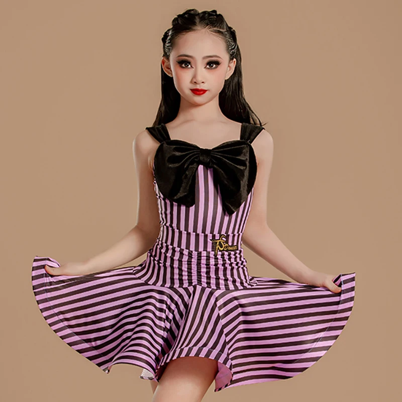 Paarse strepen strik Latin danskleding kindermeisjes bodysuit en vouw swing rokken pak ballroom danskleding trainingskostuums