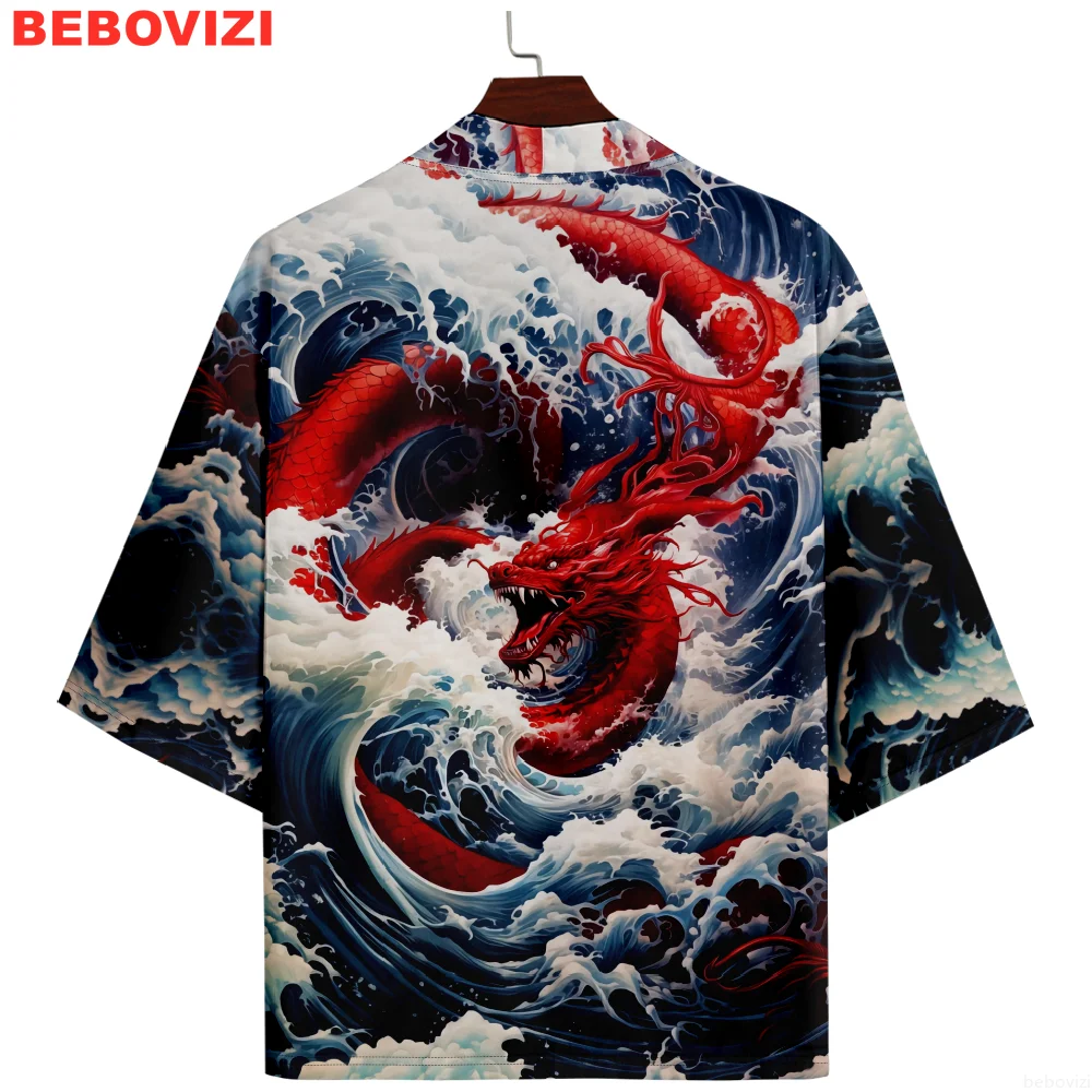 

3D Red Dragon Print Cardigan Haori Beach Yukata Japanese Kimono Fashion Streetwear Men Women Asian Clothing 6XL 5XL 4XL