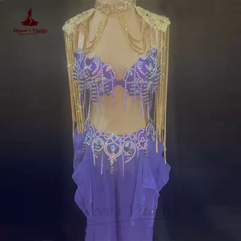 

Belly Dancer Performance Set Trousers Women's Oriental Dance Performance clothing shoulder+bra+belt+pants 4pcs stage outfit