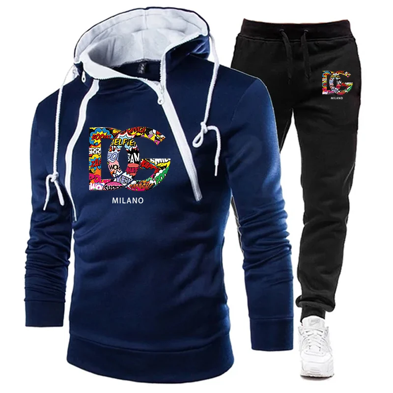 Newest Men's Tracksuit Thickening Zipper Hoodies + Sweatpants Outfits Male Sweatshirt 2PCS Double Zipper Warm Windproof Outwear