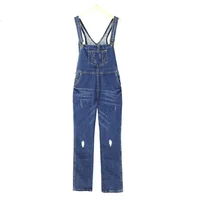 New Casual Streetwear Hole Denim Jumpsuits Women 2021 Loose Suspenders Pocket Long Pants Waistline Straight Jeans Rompers - Image 2