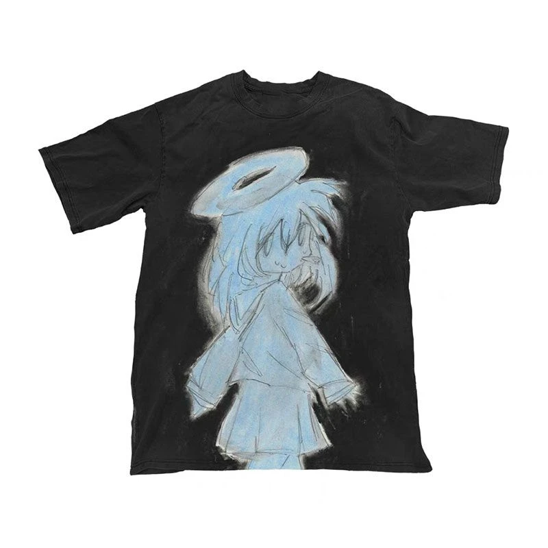 Vintage Grunge Alt Aesthetic Y2k T Shirt Rough Sketch Devil Angel Character Ghost Graphic Ins Trendy Unisex Cotton Street Tops