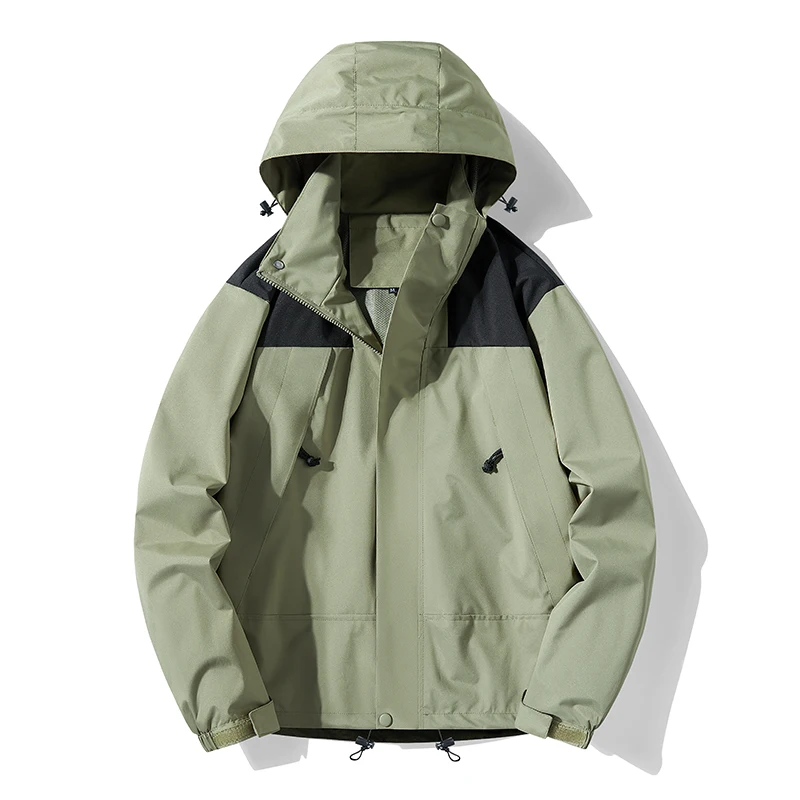 Plus Size Unisex Color‑Block Outdoor Jacket Waterproof Wind‑Resistant Adjustable Hood Zip Pockets Loose Casual Hiking Climbing H