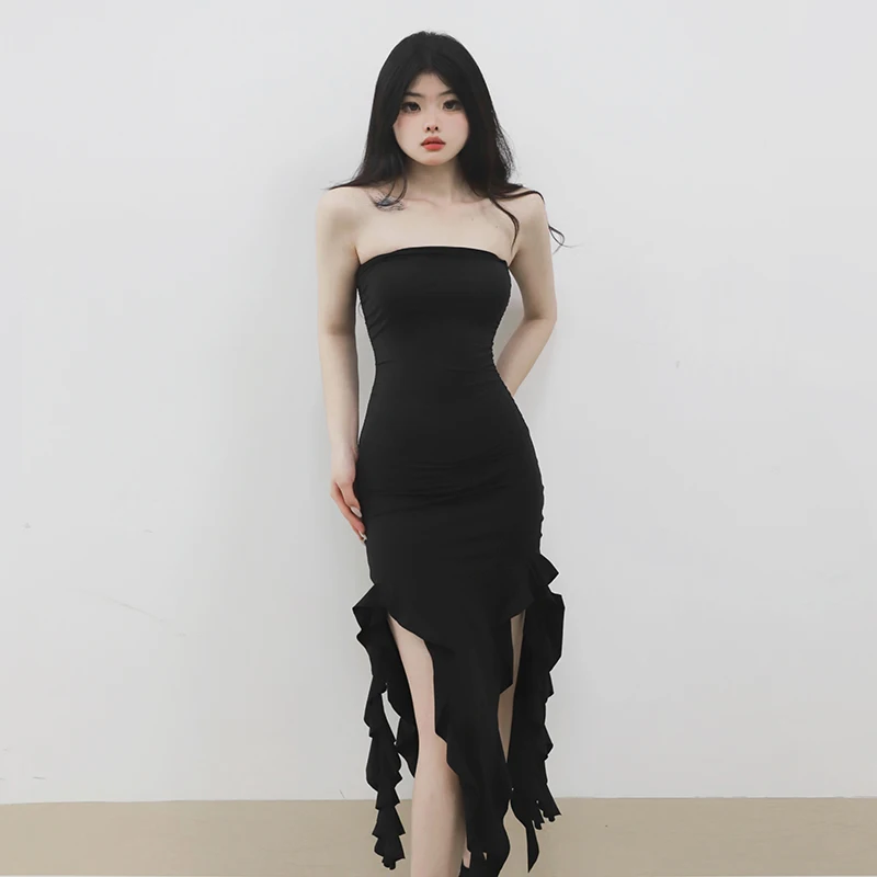 Designer Retro Style Pleated Pure Color Tube-Top Dress High Waist Slit Wooden Ear Ribbon Skirt