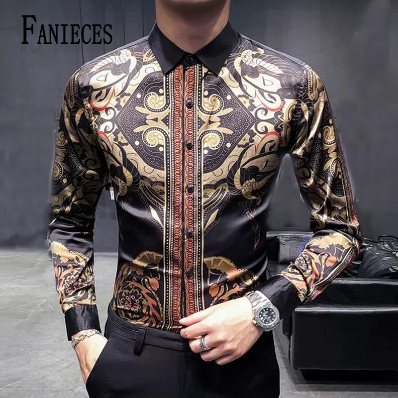 

Luxury Vintage Men's Shirt Autumn Long Sleeve Turn-down Collar Casual Handsome Shirt Gold Totem Tiki Men Shirt camisas de hombre