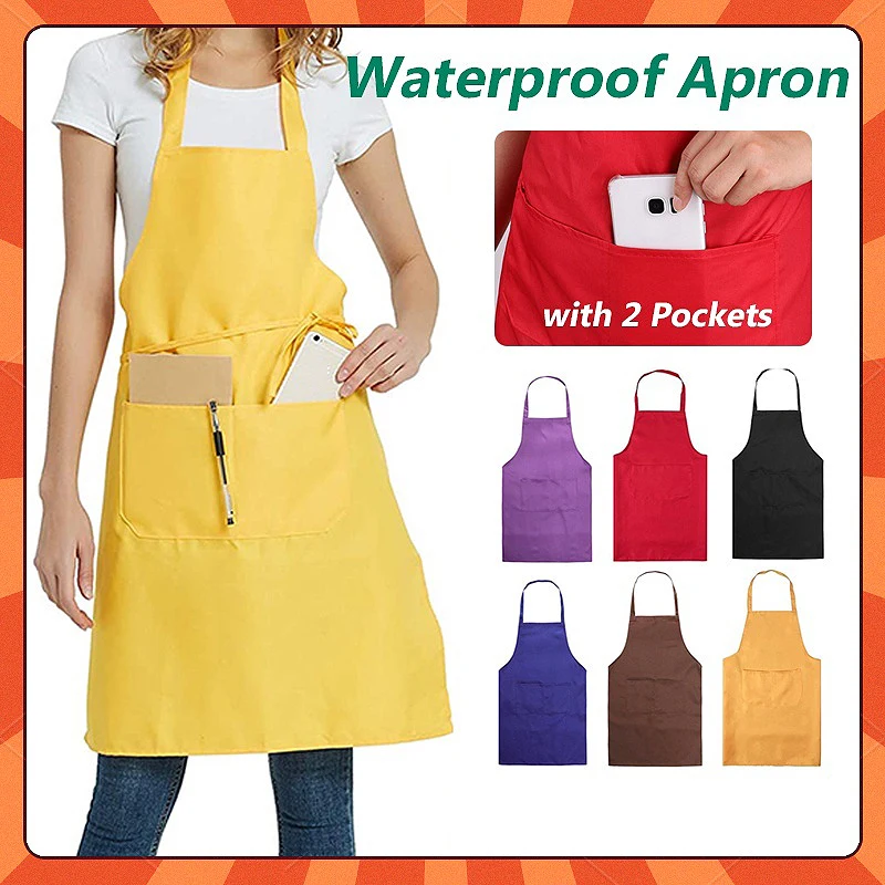 △ Adult Solid Color Apron For Kitchen And Restaurant Work Pinafore With Pockets