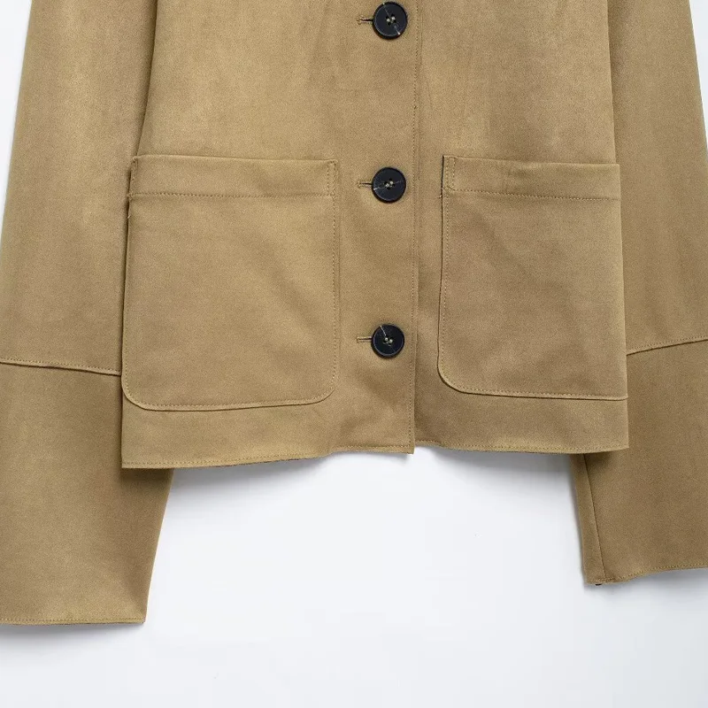 HXAO Women\'s Jacket Autumn Crop Suede Jacket Outerwears Winter Button New In Coats & Jackets Long Sleeve Coat Demi-Season Jacket
