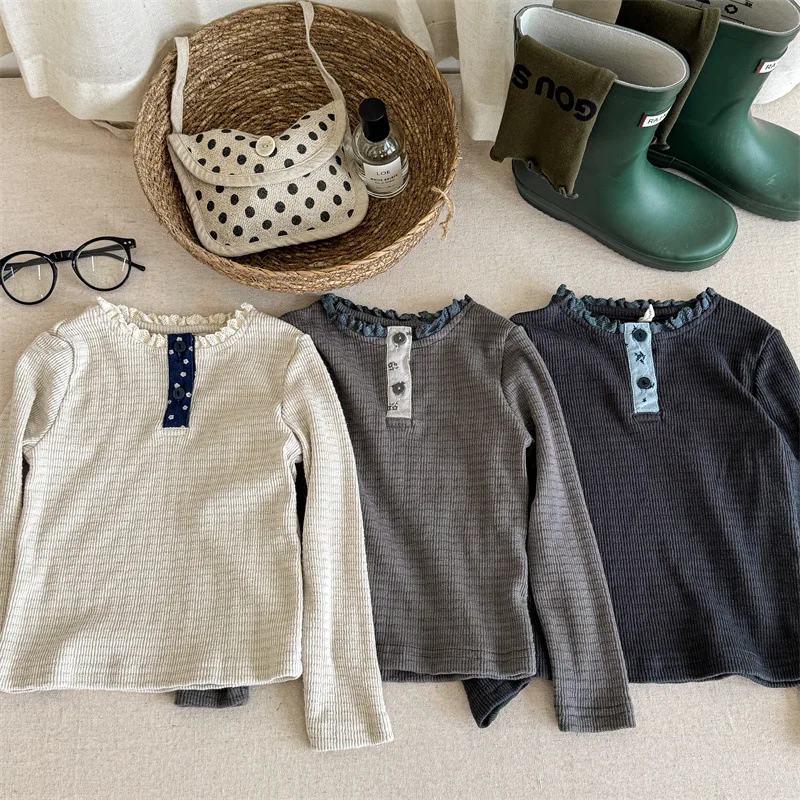 

FINEPAT Tops Children Clothes Autumn Baby Girls Long Sleeve T-shirts Ruched Collar Toddlers Kids Casual Pullovers