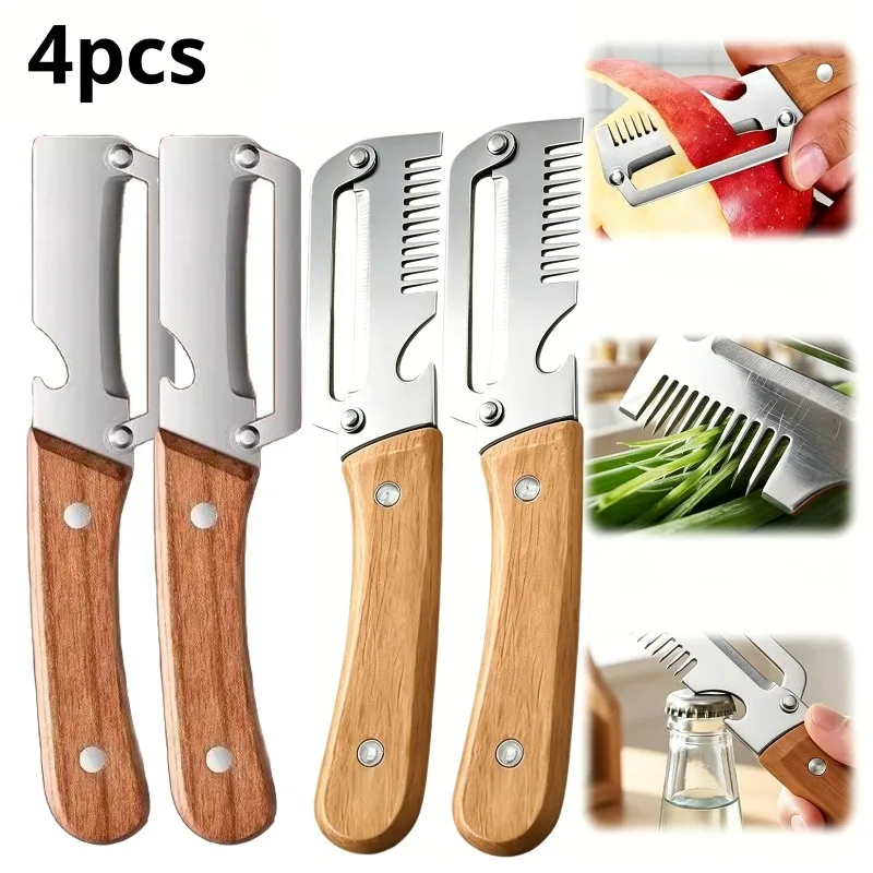 4pcs Set 2026 Upgraded Wooden Handle Vegetable Peeler, Stainless Steel Wide Blade Peeling Knife For Potato & Carrot, 3-in-1 Multifunctional Tool With Shredder & Bottle Opener, Suitable For Kitchen, Camping, Travel And Holiday Banquet Use