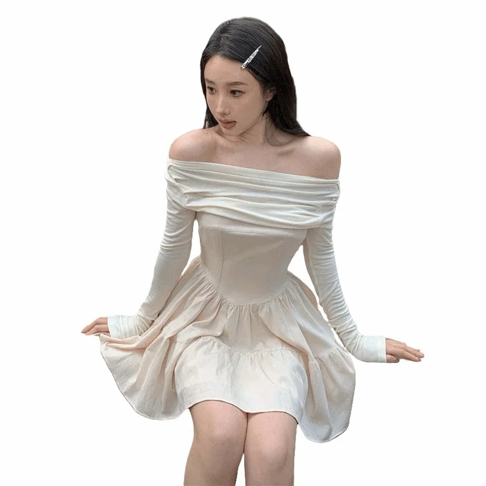 

Temperament Long Sleeved Slim Short Skirt Korean Fashion Slim Fit One Collar Dress Lightweight Leisure A-line Short Skirt Travel