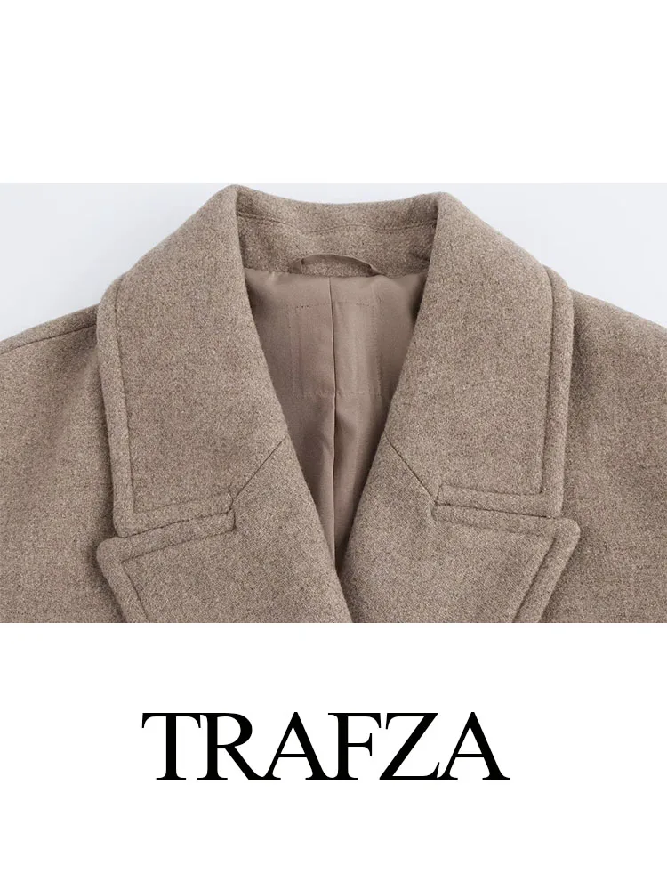 TRAFZA Women Autumn Casual Overcoat Solid Turn-Down Collar Long Sleeve Pockets Double Breasted Female Fashion Coat 2 Color