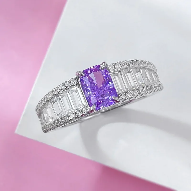 

New S925 Pure Silver High Carbon Diamond Ancestor Lavender Purple 5 * 7 Redion Cut European and American Ring Jewelry