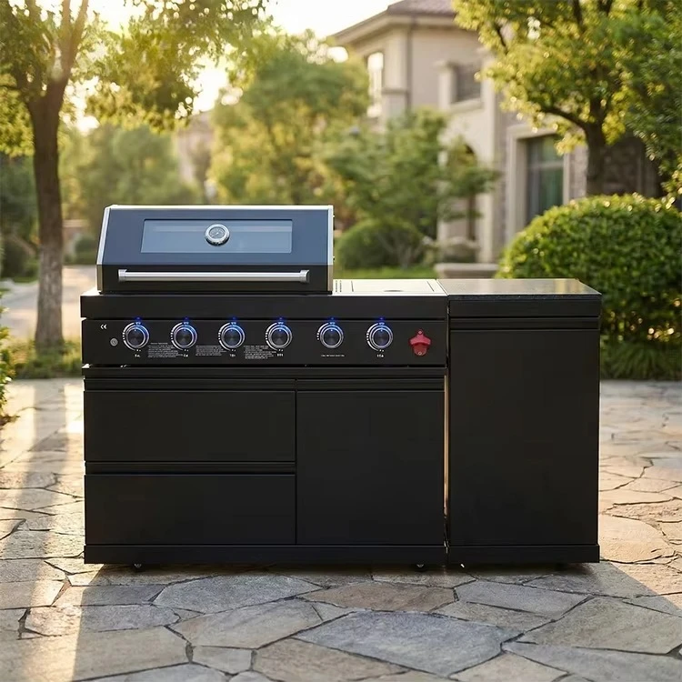 Powder Coated 304 Stainless Steel 4 Burner Folding Grill Custom Outdoor Kitchen with Side Oven and Single Locker