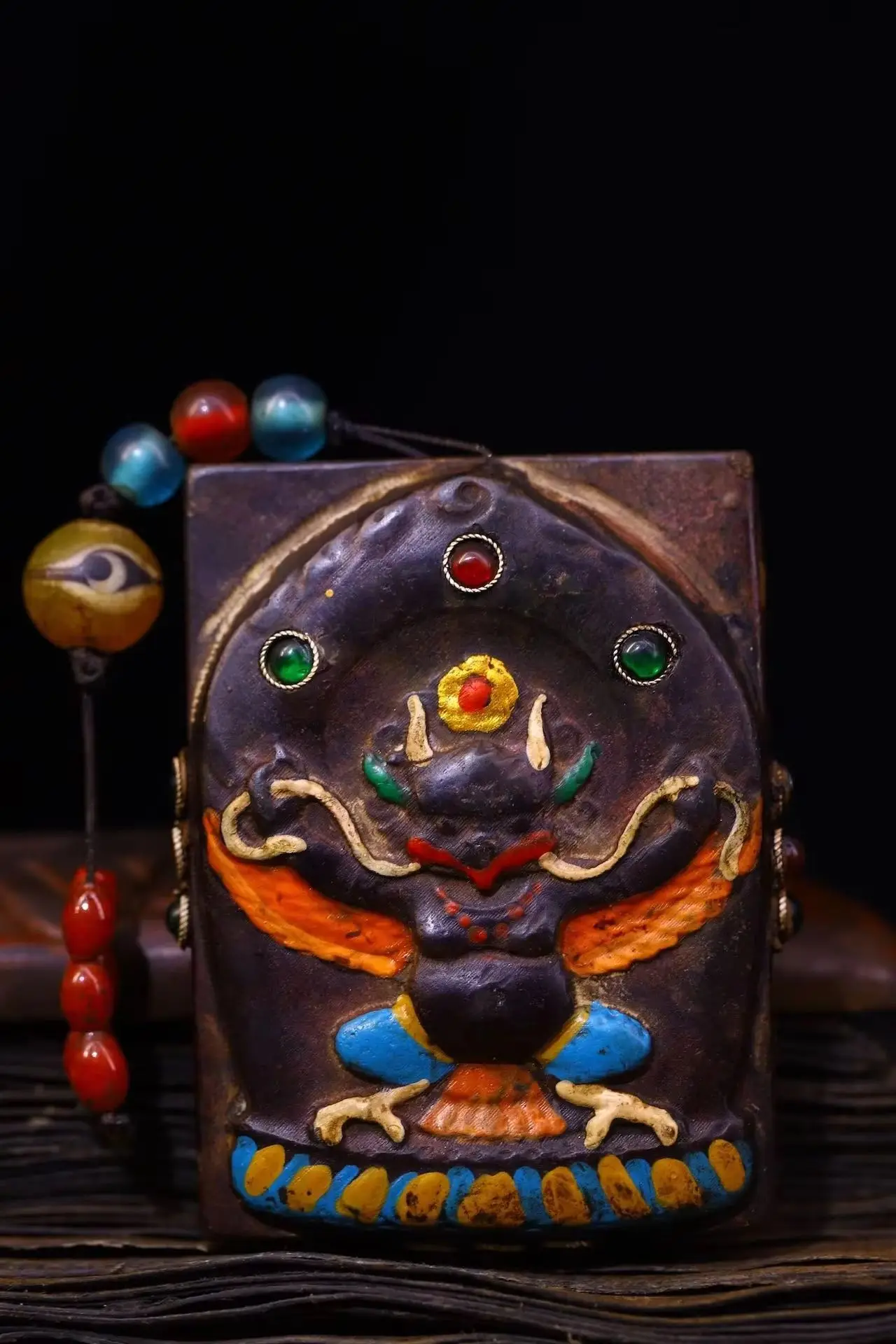 

3"Tibetan Temple Collection Old Natural Meteorite Mosaic Gem gZi Beads Turquoise Garuda Dhwaja Buddha Card Pendant Amulet Dharma