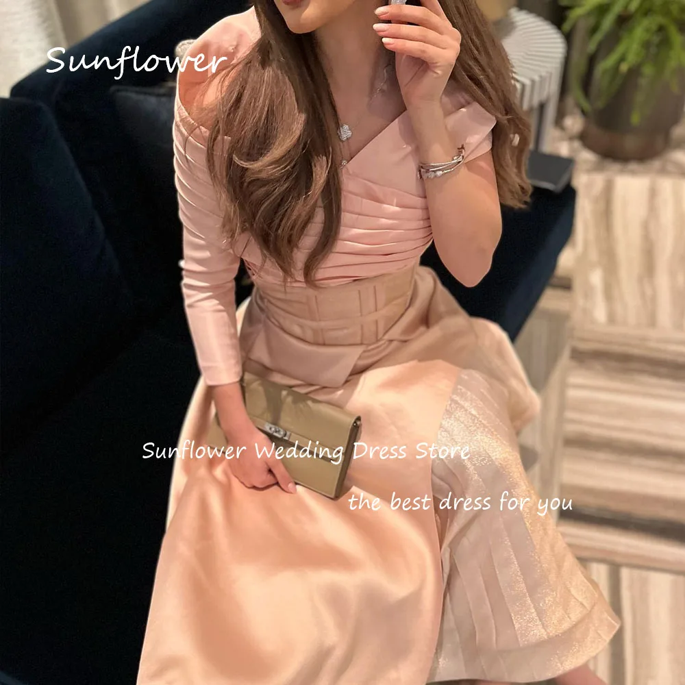 Sunflower Pink Simple Off The Shoulder Pleat A-LINE Formal Evening Dress Saudi Arabia 2024 Slim Satin Ankle-Length Prom Dress