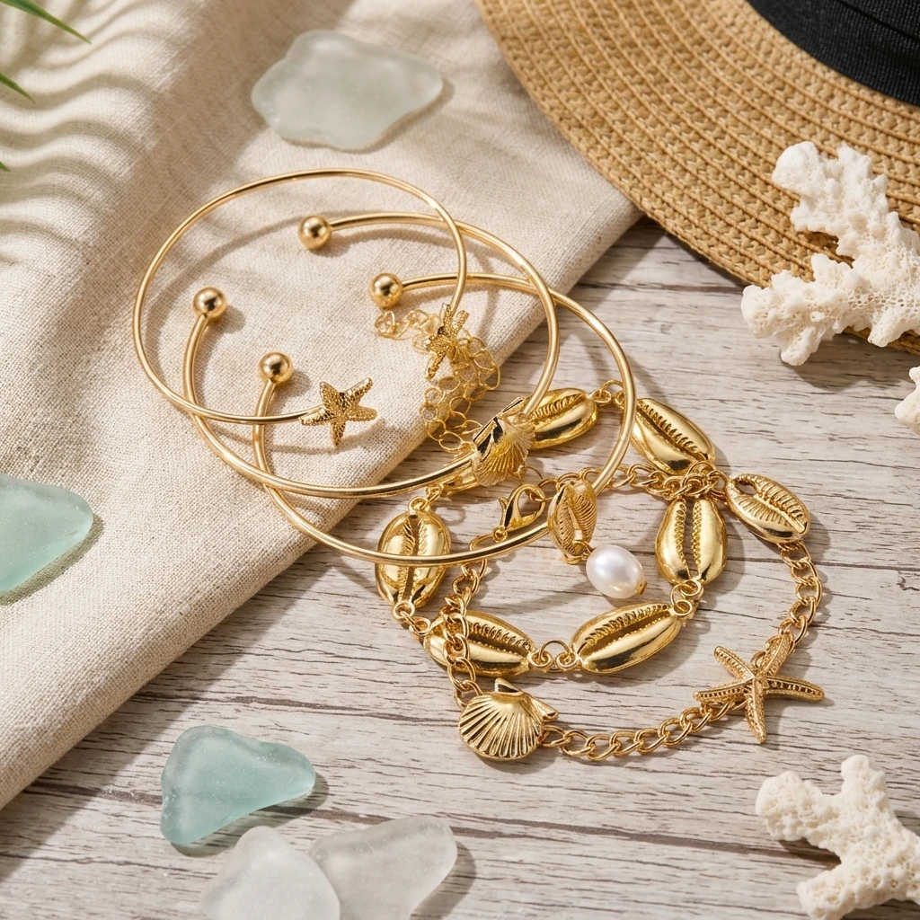 5-teiliges Set Sommer-Armreifen in Goldfarbe mit Seestern- und Muschelmotiven für Damen, Modische Meeres-Elemente, Trendige Strandparty-Schmuckstücke – Detail 5