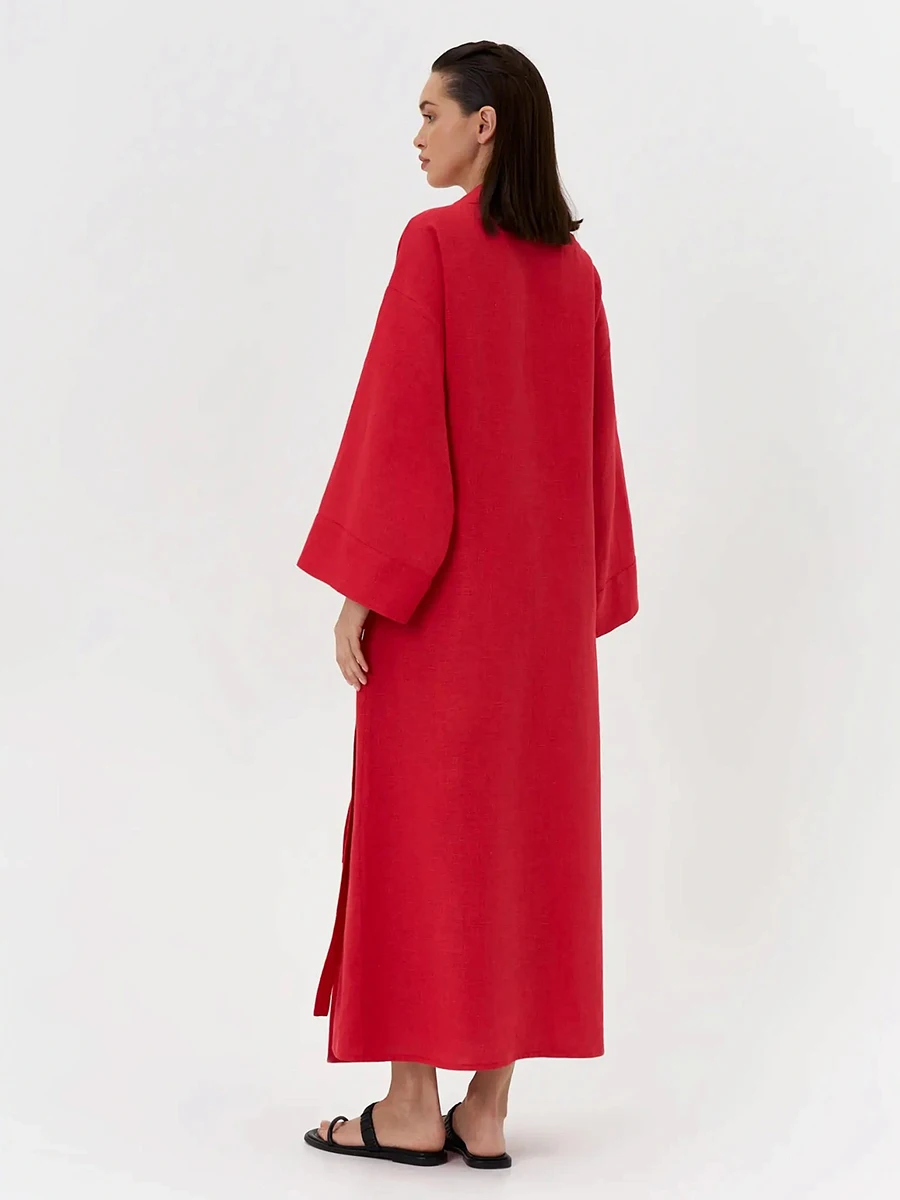 Muzuleva été nouveau femmes élégant rouge lin Wrap Maxi Robe revers Kimono manches ceinturée longue Robe élégante Chic Robe