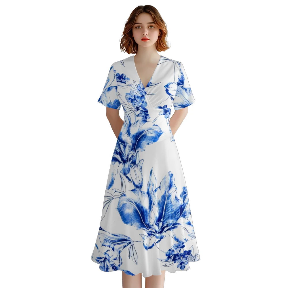 

Summer Dress Blue Flower Dress V Neck A-Line Dresses Fashion Women Stylish Party Dresses Elegant Robe Trendy Girl Resort Vestido