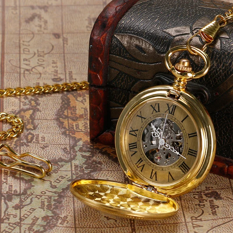 Bronze Golden Shield Case Men Women Automatic Mechanical Pocket Watch Antique Roman Number Dial Clock with Pendant Chain