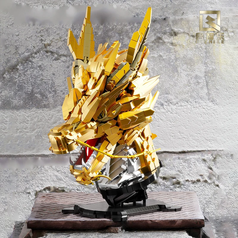 

Китайские строительные блоки в виде головы золотого дракона, конструктор MOC, украшение для стола, игрушка, подарок для взрослых и друзей