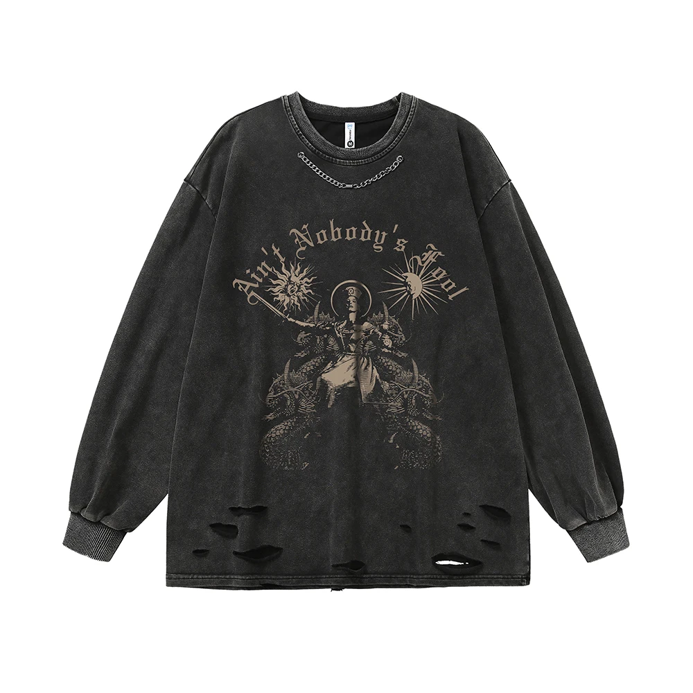 Ripped Goth T Shirts Men Vintage Long Sleeve Oversized T-shirts Fairy Grunge Y2k Men Clothes Harajuku Anime Streetwear Tops Tees