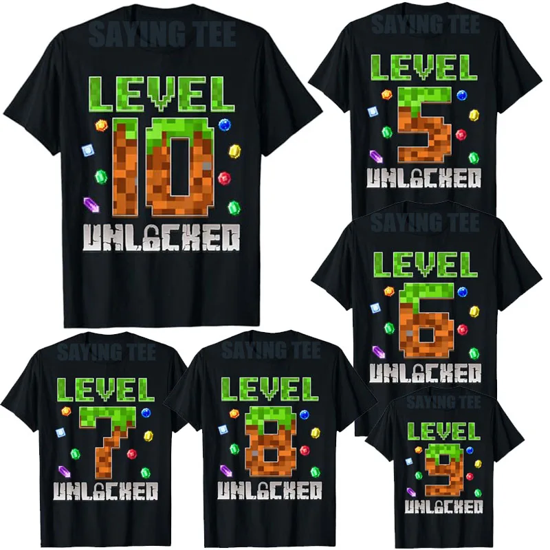 Birthday Boy Level 10,9,8,7,6,5 Unlocked 5th, 6th, 7th, 8th, 9th, 10th Birthday Game Pixel T-Shirt Boys Fashion B-day Saying Tee