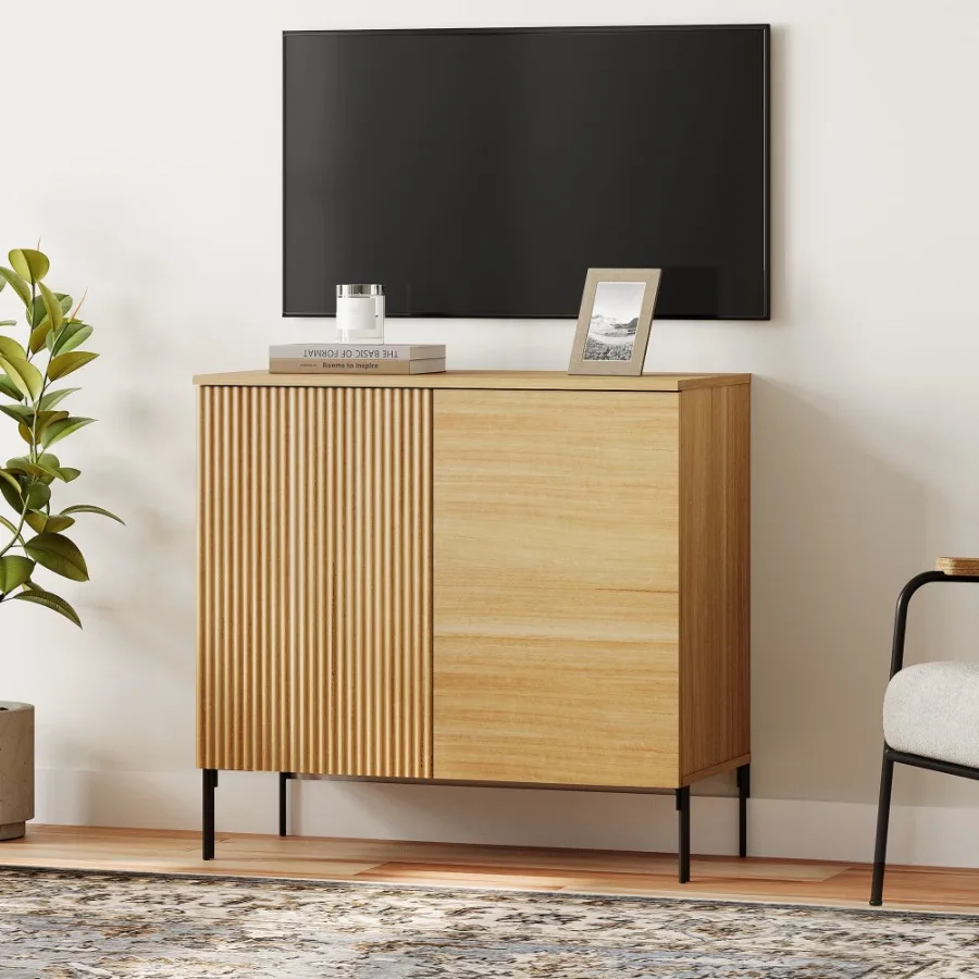 

31.5" Modern Reeded TV Stand with Doors Entertainment Center with Shelf Wooden TV Console with Storage for Living Room
