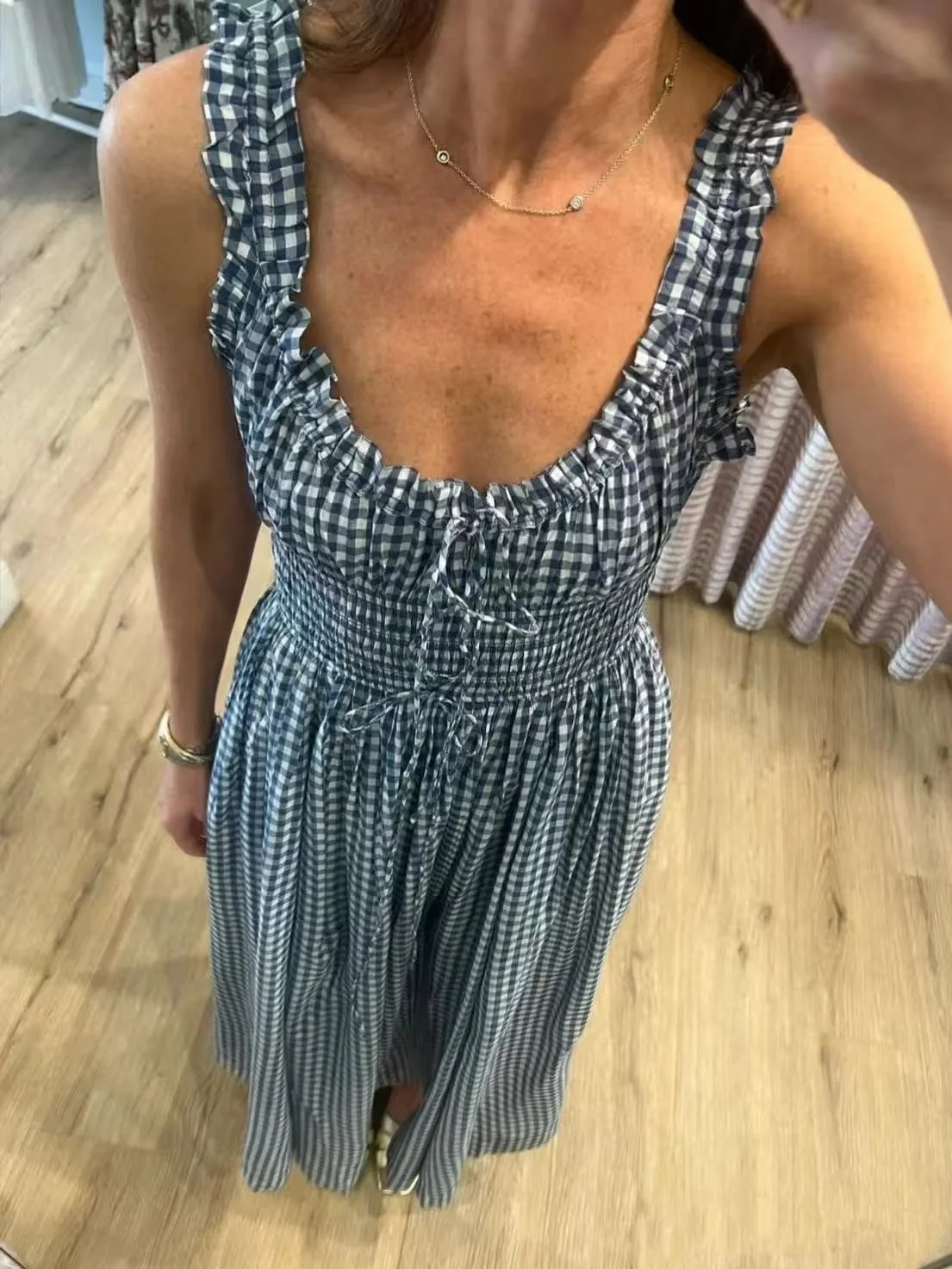 

Women Blue Plaid Long Vest Dress Elastic Waist Square Collar Sleeveless Fashion Female Cotton Robe