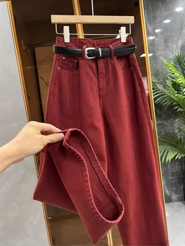 Pantalones vaqueros rojos a la moda para mujer, pantalones de pierna ancha holgados informales de cintura alta para primavera y otoño, pantalones vaqueros rectos de longitud completa, ropa de calle femenina