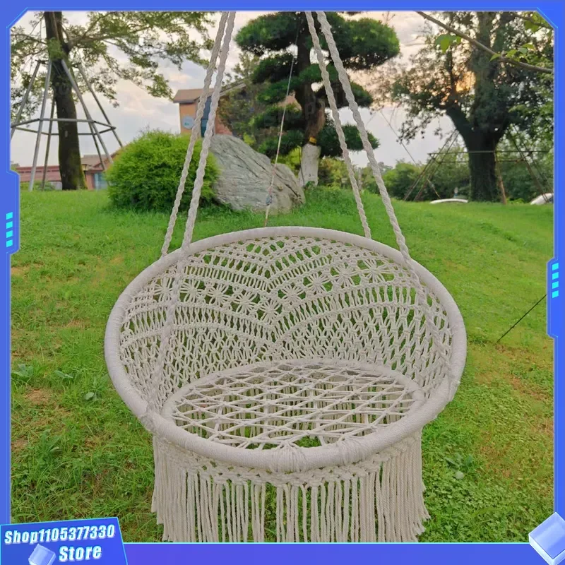 Nordic Cotton Rope Hanging Chair Indoor Outdoor Woven Swing Basket with Fringe Lazy Bed for Home Decor Ins Style Furniture