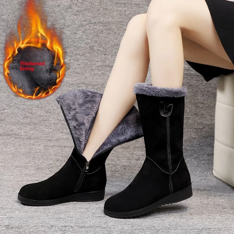 

Retro Women Suede Snow Boots Warmth Plush Fur Side Zipper Flat Boots Hot Selling Mid-calf Boots Slim Fit Short Boot Botas Mujer