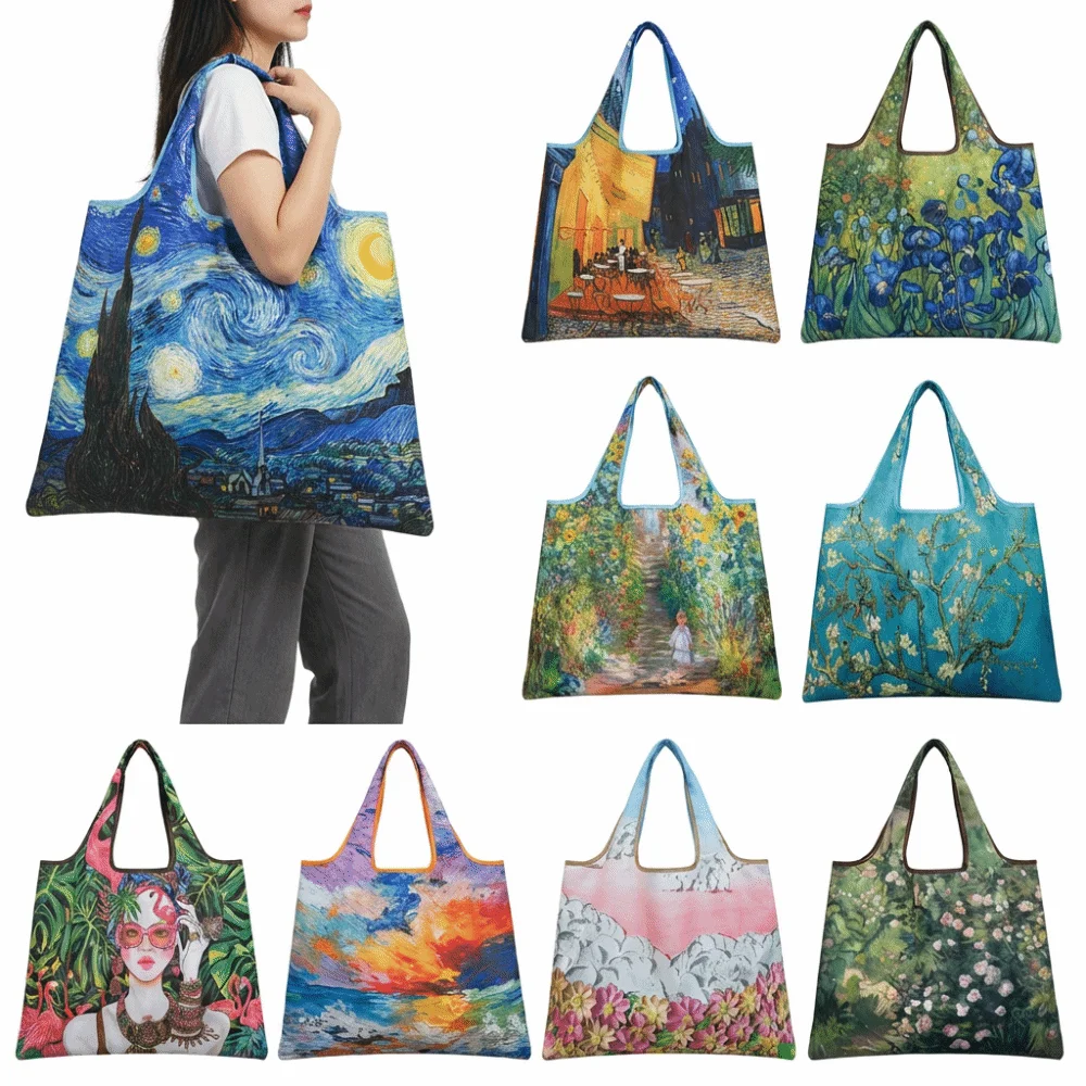 Oil Painting Print Folding Shopping Bag Large Capacity Portable Design Grocery Bag Positioning Design Foldable Feature Tote Bag view 2