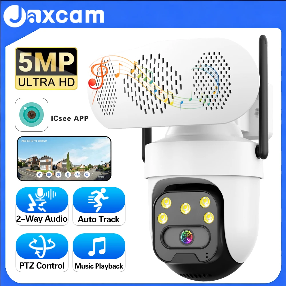 

5MP Bluetooth-динамик PTZ-камера Открытый Wi-Fi двустороннее аудио Камеры наблюдения с автоматическим отслеживанием человека и музыкальным плеером
